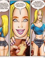 Blonde toon babe in jeans short gets mouthful of hot sperm after a sloppy blowjob